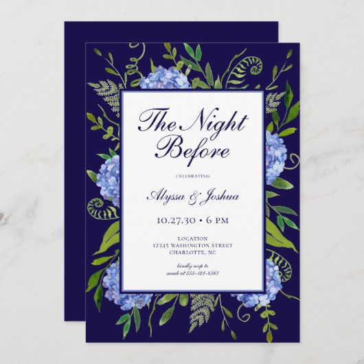 QR-Code der Nacht vor blauem Hydrangea Einladung (Vorne/Hinten)