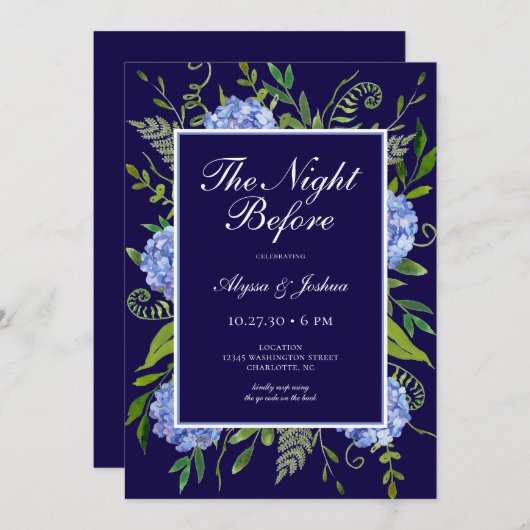 QR-Code der Nacht vor blauem Hydrangea Einladung (Vorne/Hinten)