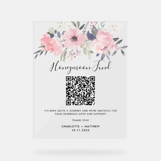 QR-Code des Blumenrosa-Bloom Honeymoon-Fonds Acrylschild (Vorderseite)