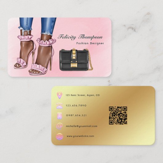 QR-Code des Designers für rosa und goldene Mode Visitenkarte (Vorne/Hinten)