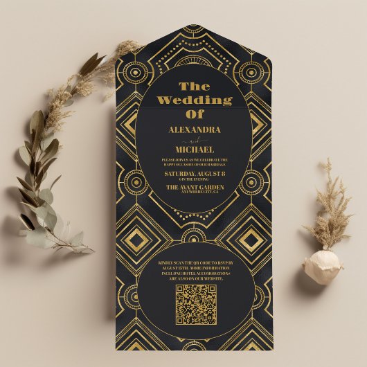 QR Code Diamond Black and Gold Art Deco Wedding All In One Einladung