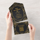 QR Code Diamond Black and Gold Art Deco Wedding All In One Einladung (Abreißen)