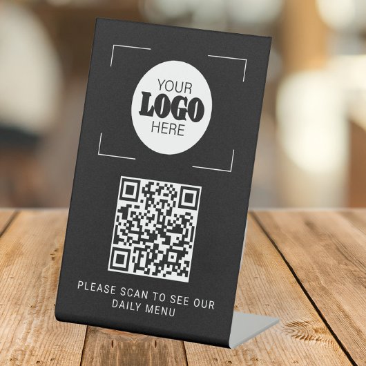 QR code digital menu custom logo black tabletop Sockelschild