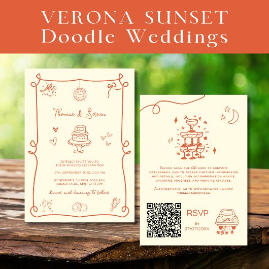 QR Code Doodle Hand gezogen Verona Sunset Orange Einladung