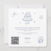 QR-Code-Doodle handgezeichnete französische blaue  Save The Date (Rückseite)