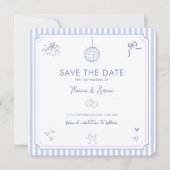 QR-Code-Doodle handgezeichnete französische blaue  Save The Date (Vorderseite)