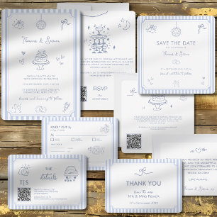 QR-Code-Doodle handgezeichnete französische blaue  Save The Date