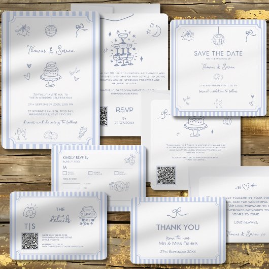QR-Code-Doodle handgezeichnete französische blaue  Save The Date