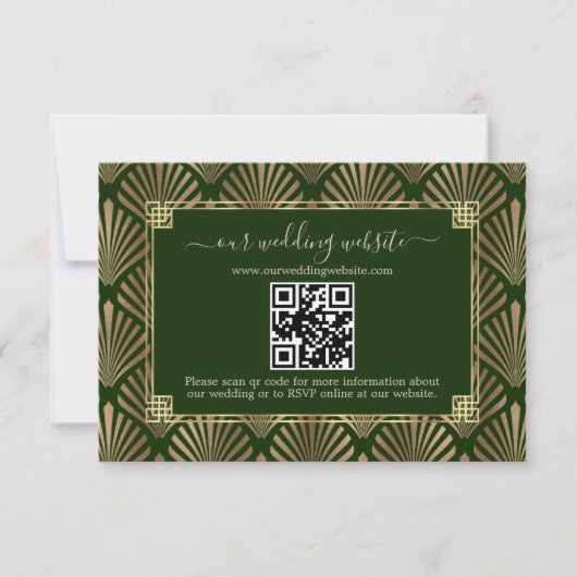 QR Code Dunkelgrünes Gold Art Deco Hochzeit RSVP Karte (Vorderseite)