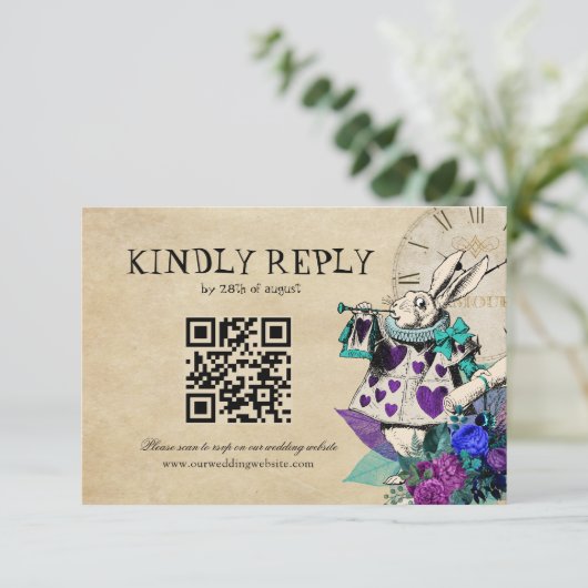 QR Code Dunkle Alice im Wunderland Hochzeit RSVP Karte (Stehend Vorderseite)