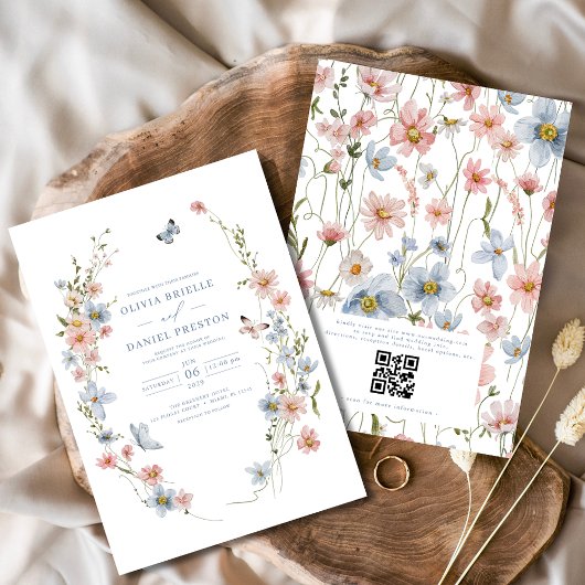 QR-Code Dustblau Rosa Wilde Blume Hochzeit Einladung