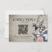 QR Code Dusty Blue Alice im Wunderland Wedding RSVP Karte (Vorderseite)