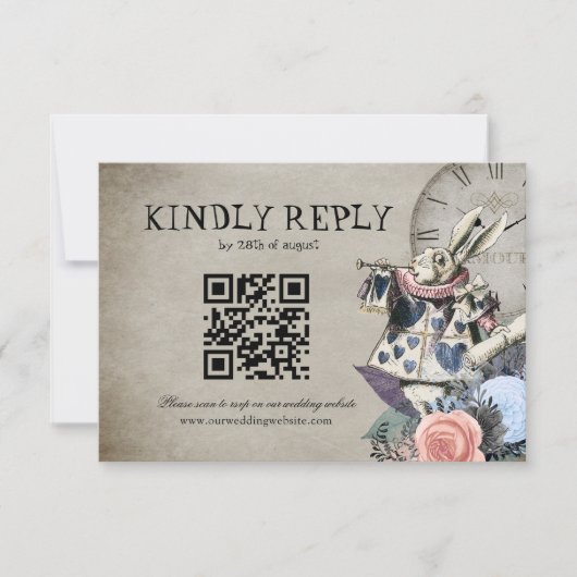 QR Code Dusty Blue Alice im Wunderland Wedding RSVP Karte (Vorderseite)