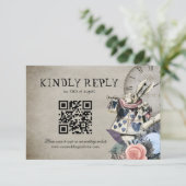QR Code Dusty Blue Alice im Wunderland Wedding RSVP Karte (Stehend Vorderseite)