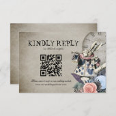 QR Code Dusty Blue Alice im Wunderland Wedding RSVP Karte (Vorne/Hinten)