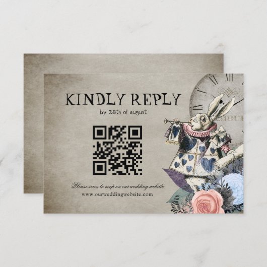 QR Code Dusty Blue Alice im Wunderland Wedding RSVP Karte (Vorne/Hinten)