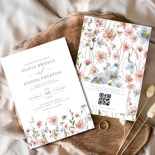 QR Code Dusty Blue Blush Pink Wildblume Hochzeit Einladung