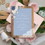 QR Code Dusty Blue Blush Rustic Wood Lace Wedding Einladung