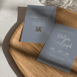 QR Code Dusty Blue Boho Chic Moderne Hochzeit Einladung