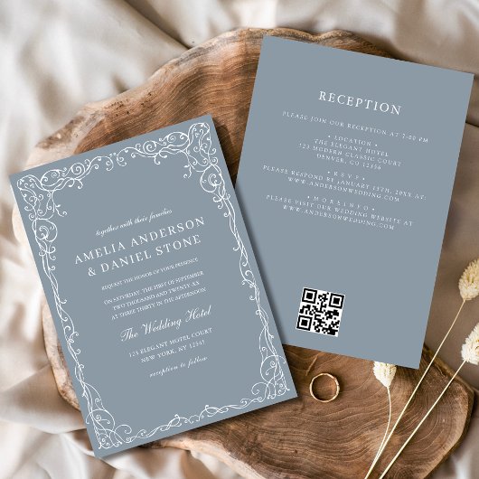 QR Code Dusty Blue Elegant Minimale Hochzeit Einladung