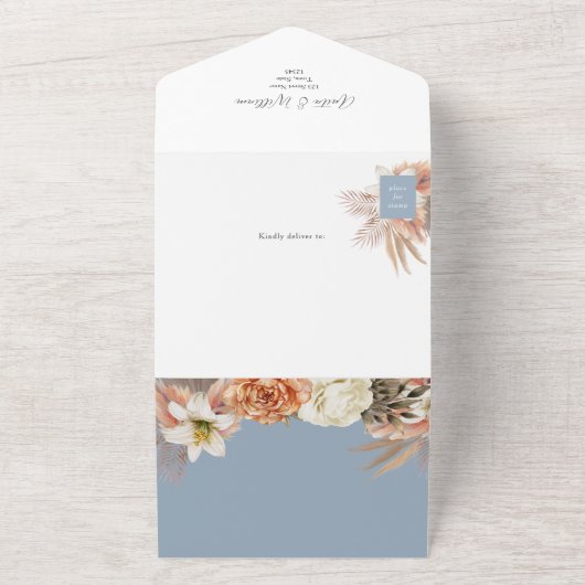QR Code Dusty Blue Floral Wedding All In One Einladung (Außenbereich)