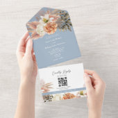QR Code Dusty Blue Floral Wedding All In One Einladung (Abreißen)