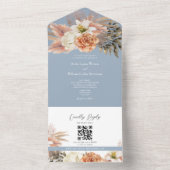 QR Code Dusty Blue Floral Wedding All In One Einladung (Innen Boden)