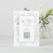 QR Code Dusty Blue Floral Wedding Details Begleitkarte (Stehend Vorderseite)