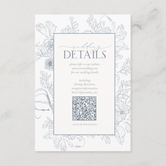 QR Code Dusty Blue Floral Wedding Details Begleitkarte (Vorderseite)