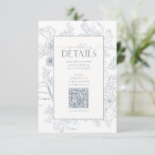 QR Code Dusty Blue Floral Wedding Details Begleitkarte (Stehend Vorderseite)