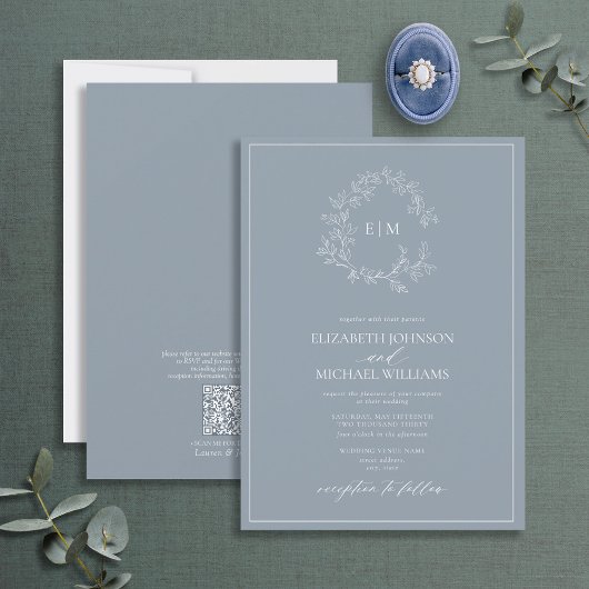 QR Code Dusty Blue Leafy Wappen Monogram Wedding Einladung