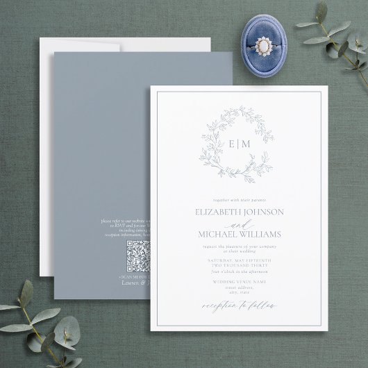 QR Code Dusty Blue Leafy Wappen Monogram Wedding Einladung