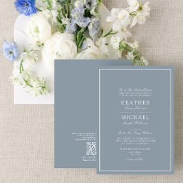 QR Code Dusty Blue Leafy Wappen Monogram Wedding Einladung
