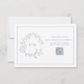 QR Code Dusty Blue Leafy Wappen Monogram Wedding RSVP Karte (Rückseite)