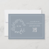 QR Code Dusty Blue Leafy Wappen Monogram Wedding RSVP Karte (Rückseite)