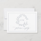 QR Code Dusty Blue Leafy Wappen Monogram Wedding RSVP Karte (Vorderseite)