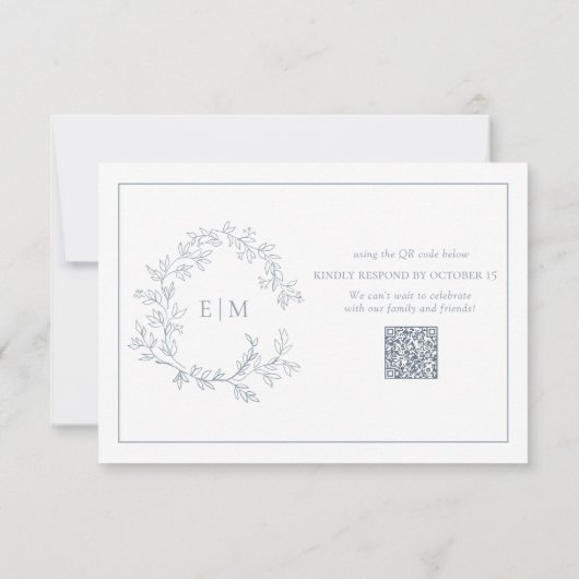 QR Code Dusty Blue Leafy Wappen Monogram Wedding RSVP Karte (Rückseite)