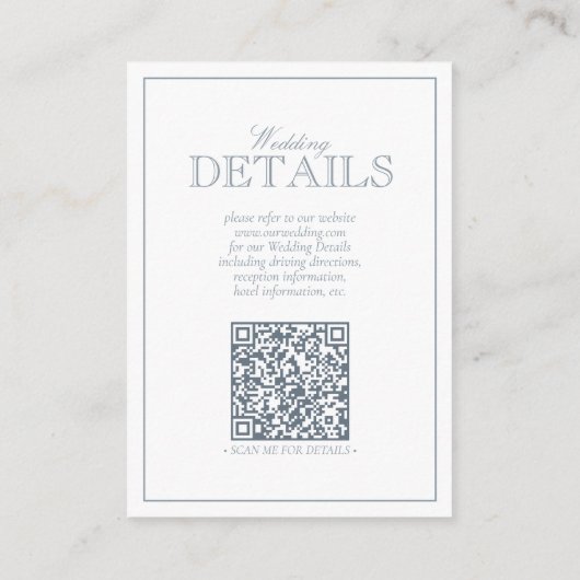 QR Code Dusty Blue Script Monogram Wedding Details Begleitkarte (Rückseite)