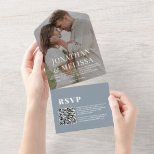 QR-Code Dusty Blue Simple Overlay Foto Wedding All In One Einladung