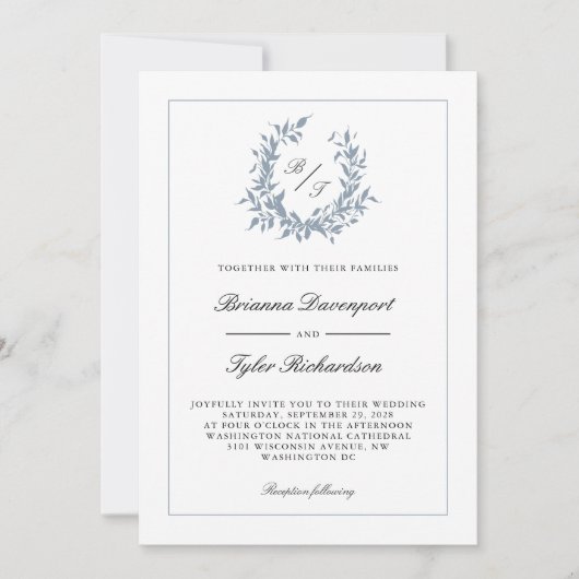 QR Code Dusty Blue Wappen Monogram Wedding Einladung (Vorderseite)