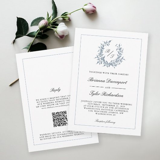 QR Code Dusty Blue Wappen Monogram Wedding Einladung
