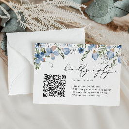 QR Code Dusty Blue Watercolor Floral Wedding RSVP Karte