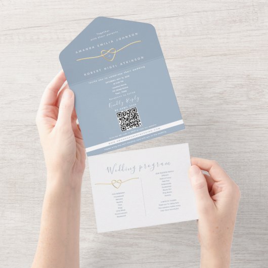 QR Code Dusty Blue Wedding All In One Einladung (Abreißen)