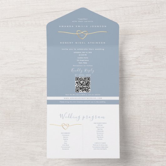 QR Code Dusty Blue Wedding All In One Einladung (Innen Boden)
