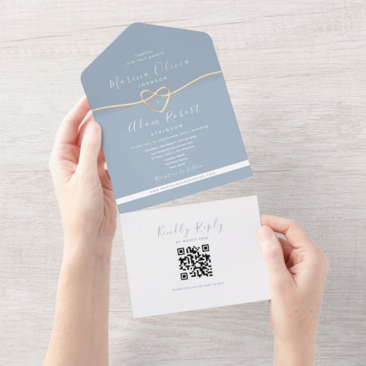 QR Code Dusty Blue Wedding All In One Einladung (Abreißen)