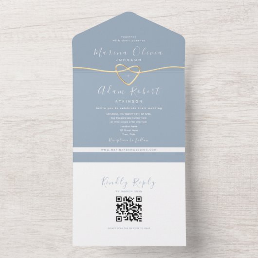 QR Code Dusty Blue Wedding All In One Einladung (Innen Boden)