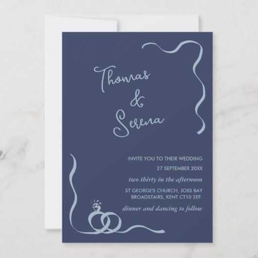 QR Code Dusty Navy Blue Wavy Hand Drage Rings Einladung (Vorderseite)