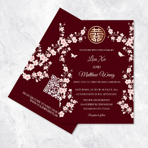 QR-Code Dusty Pink Kirschblüten Chinesische Hochze Einladung