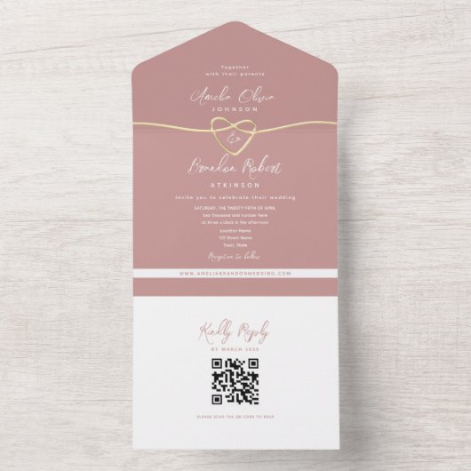 QR Code Dusty Rose Wedding All In One Einladung (Innen Boden)