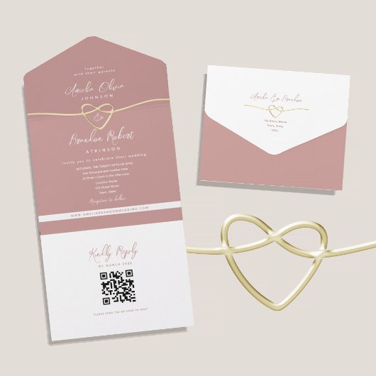 QR Code Dusty Rose Wedding All In One Einladung
